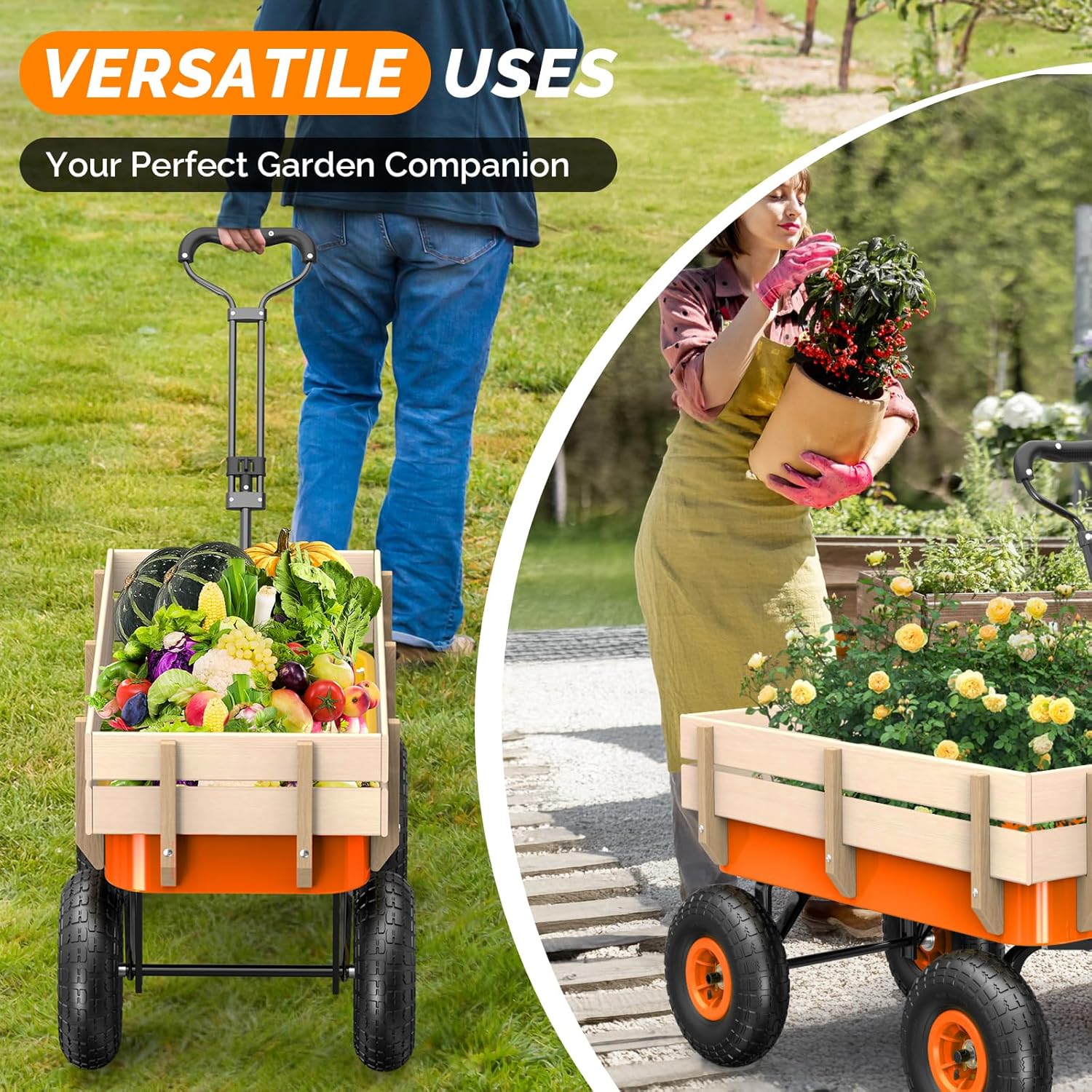 VINGLI Cargo Wagon Cart for Kids, All Terrain Wagon with Wood Railing 10-inch Pneumatic Turf Tires Children Garden Outdoor Red (Orange) - Image 3