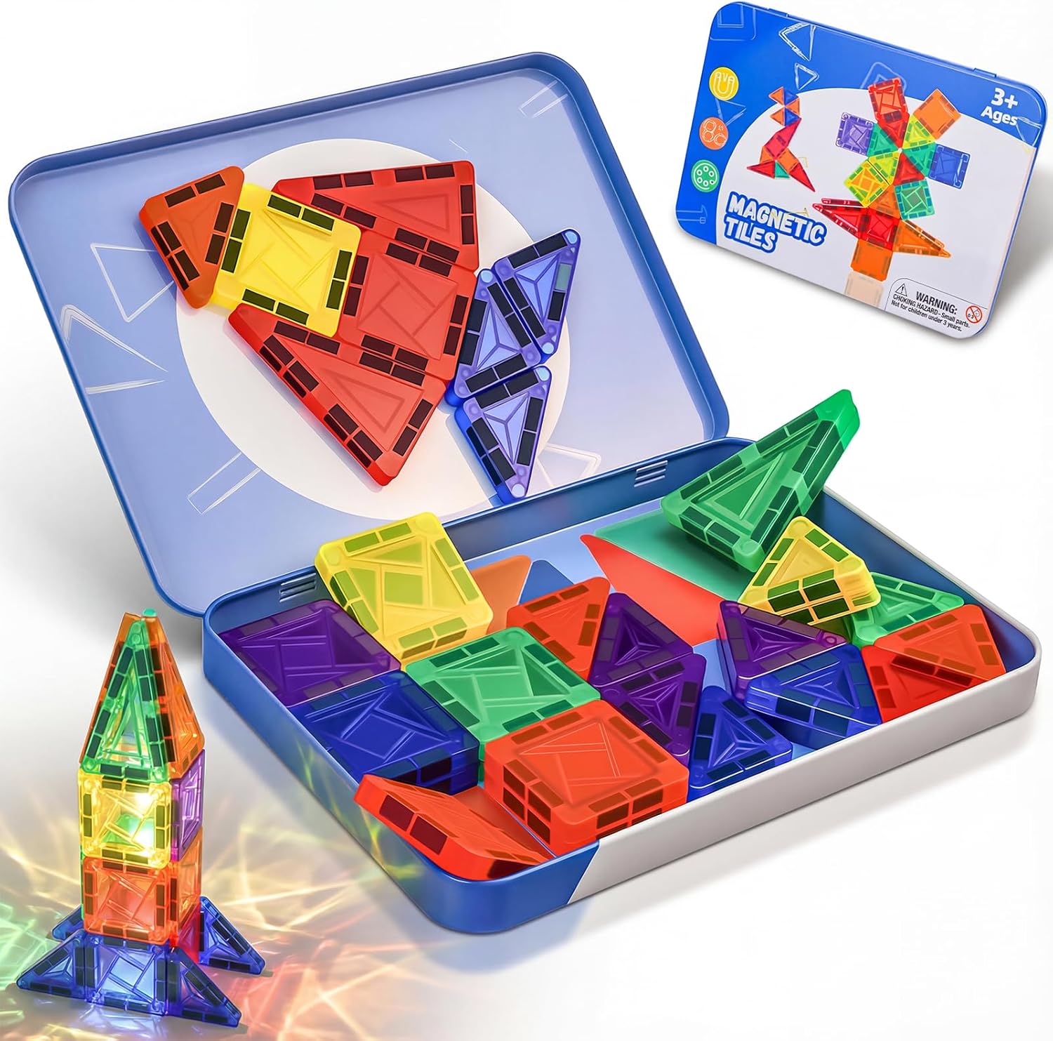 Mini Magnetic Tiles,42PCS Magnetic Building Blocks with Metal Storage Box,STEM Toys for Kids Ages 3+,Sensory Toys for Kids with Autism