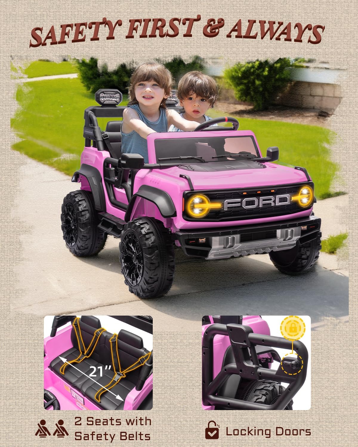 First Ride On 24V Ride on Toys for Big Kids, Licensed Ford Bronco Raptor 2 Seater Ride on Cars with Remote Control, Ride on Truck w/ 4-Wheeler Suspension, 3 Speeds, Led Lights, Bluetooth (24V, Pink) | First Ride On, 24V, for Big Kids, 2 Seater, with Remote Control - Image 7