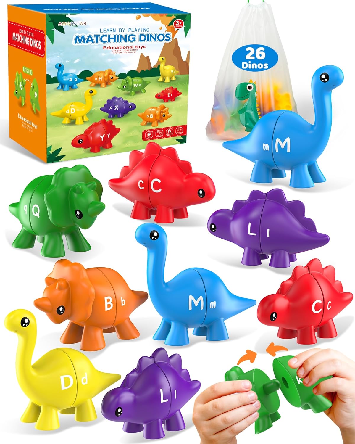 Walenty 26PCS Dinosaur Alphabet Learning Toys for Toddlers Kids 3-5, Montessori Educational Toys Gifts for 3 4 5 Year Old Boy Girl, Preschool Learning Activities, Double Sided ABC Matching Game