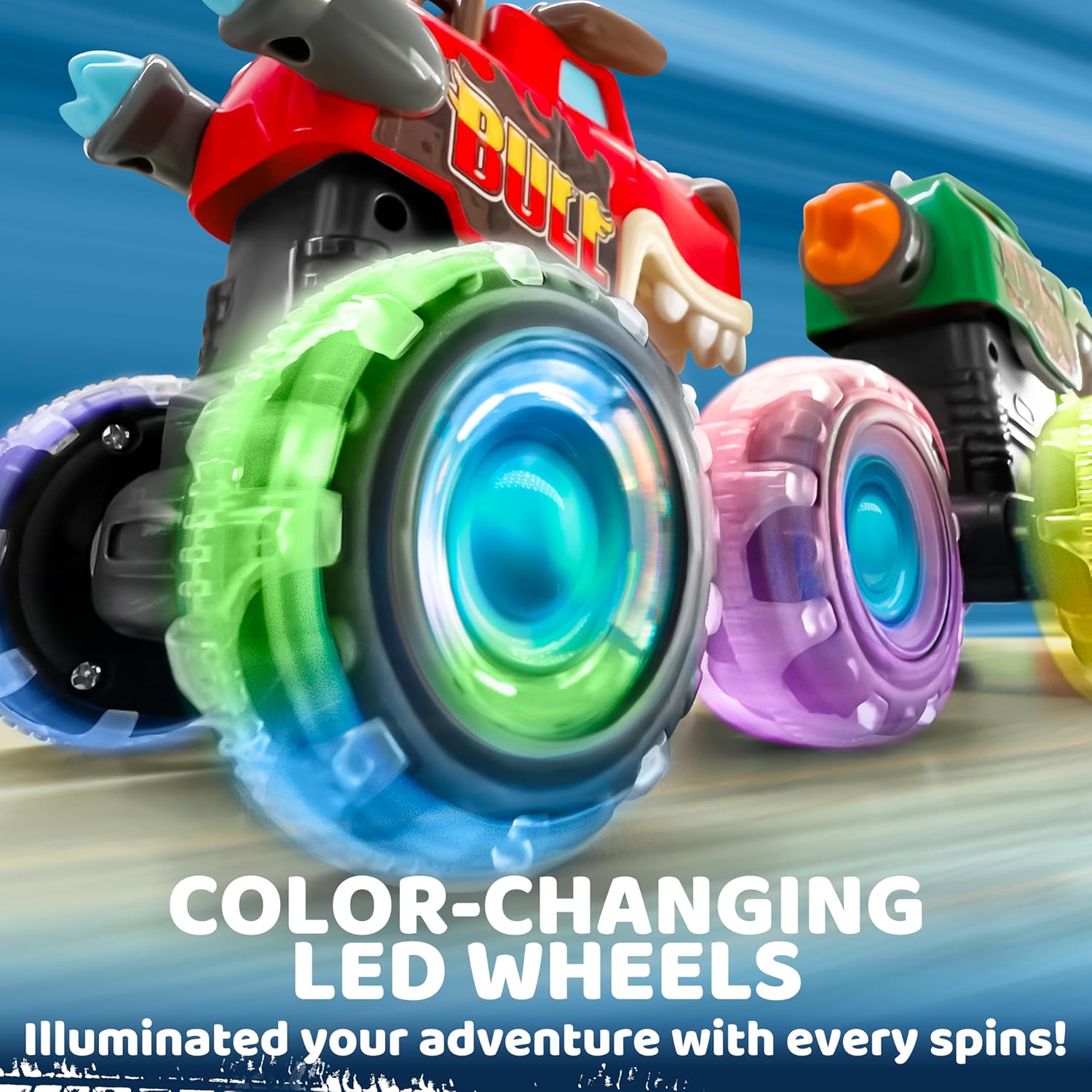 JOYIN 3 Pack Monster Truck Toy - Motion Activated Light Up Cars for Toddlers - Monster Glow Rover LED Wheels - Baby Boy Toys - Press and Go Dinosaur Trucks for Kids Boy Birthday Gifts - Image 2