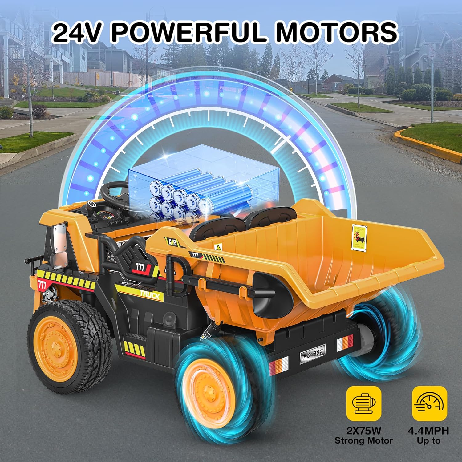 ANPABO 24V Ride On Dump Truck, 2X75W Powerful Motors, Up to 4.4Mph, EVA Tires, Construction Vehicle w/Electric Dump Bed and Extra Shovel, 19" Spacious 2 Seater, Kids Car w/Parent Remote -Yellow - Image 2