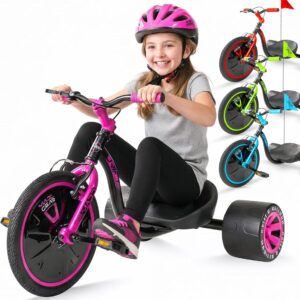 Drift Trike for Kids Ages 5+ – 16″ Front Wheel Ride-On with Adjustable Seat, Steel Frame, Rear Slick Drift Wheels & Safety Flag – Madd Gear (Black/Pink)