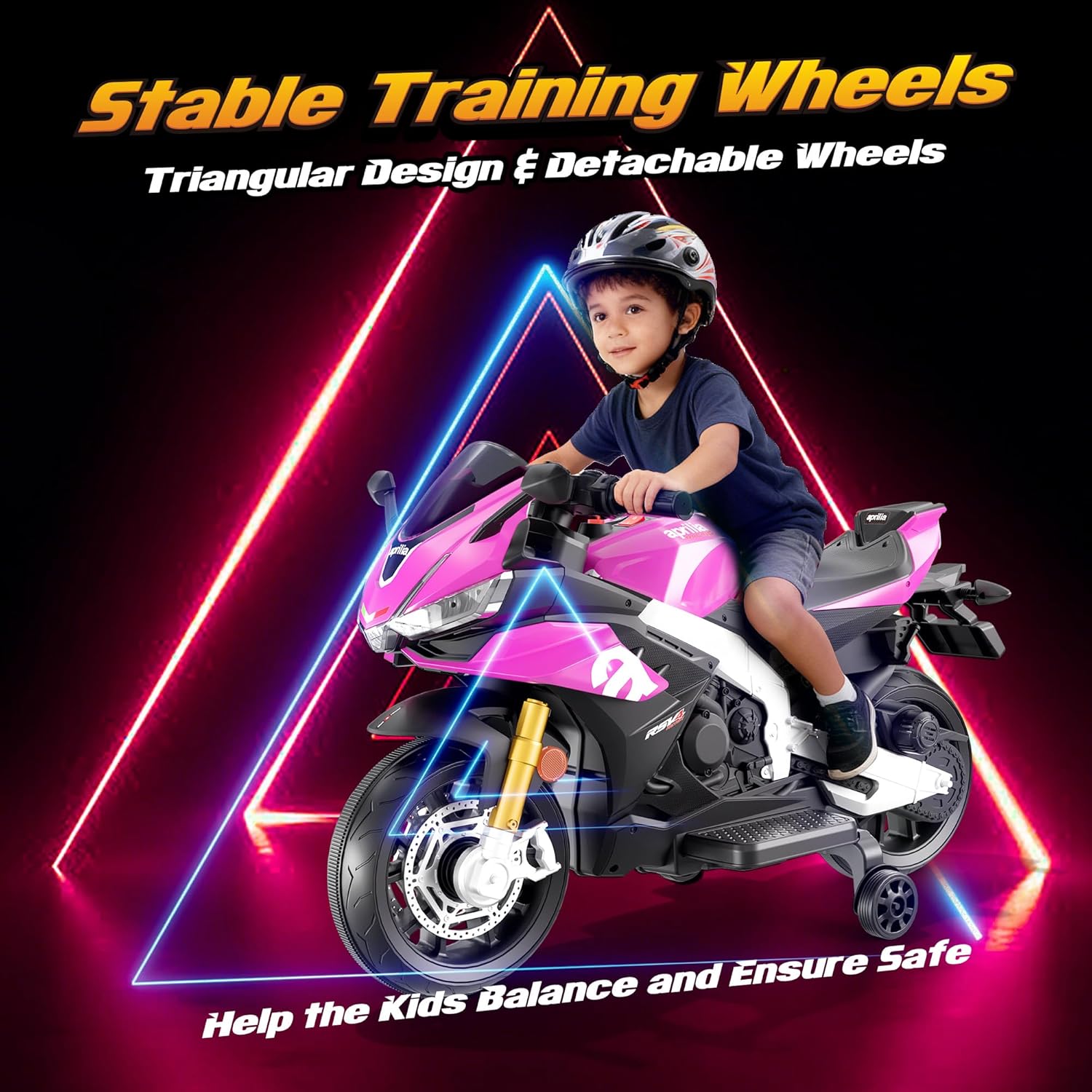 Kids Motorcycle, 12V Licensed Aprilia RSV4 Electric Motorcycle for Kids, Training Wheels, LED Headlight, Music, Battery Powered Ride on Motorcycle for Toddler Boys Girls Pink - Image 4