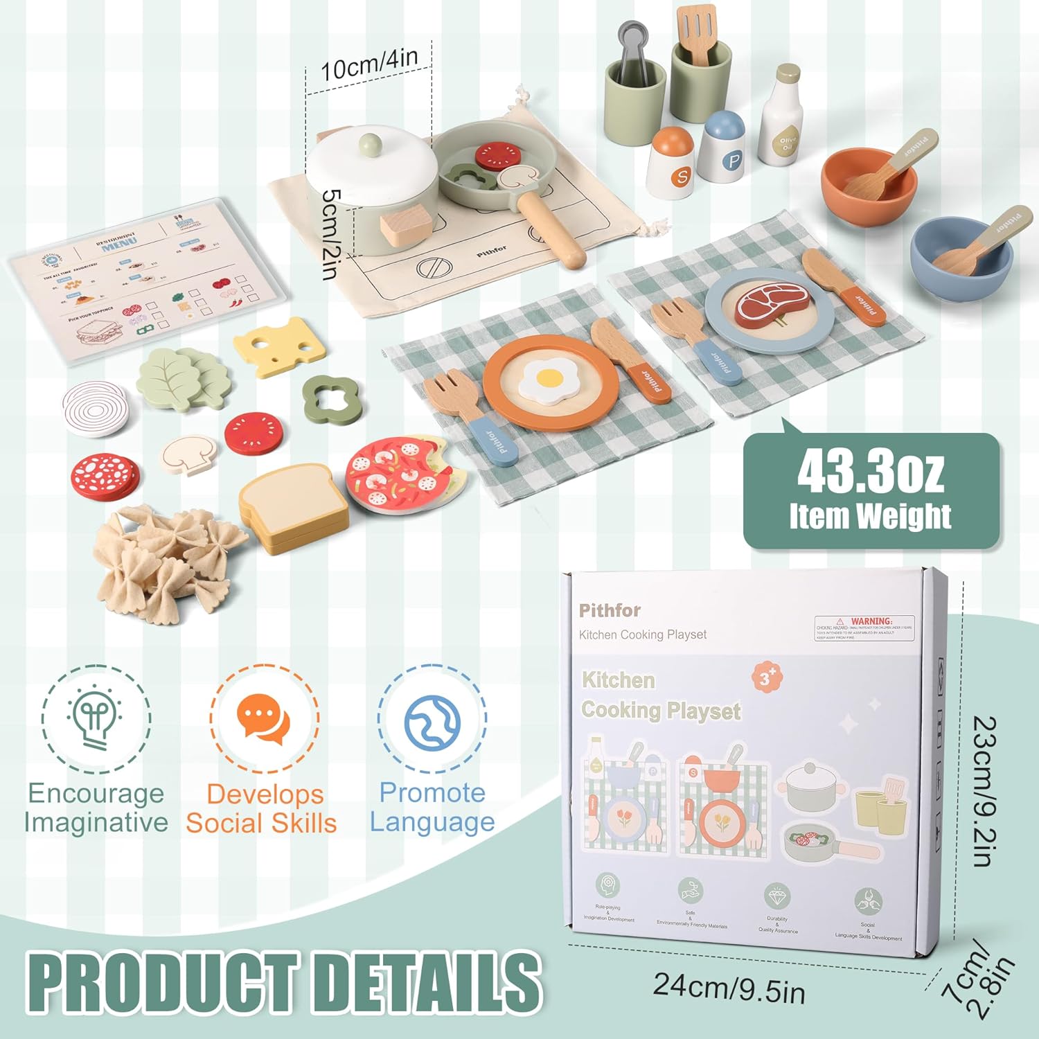 Pithfor Wooden Play Cooking Set, Pretend Play Kitchen Accessories Toys Set for Kids Toddlers, Including Play Dishes, Pot and Pan, Utensils, Gifts for 3 4 5 Years Old Girls Boys - Image 3