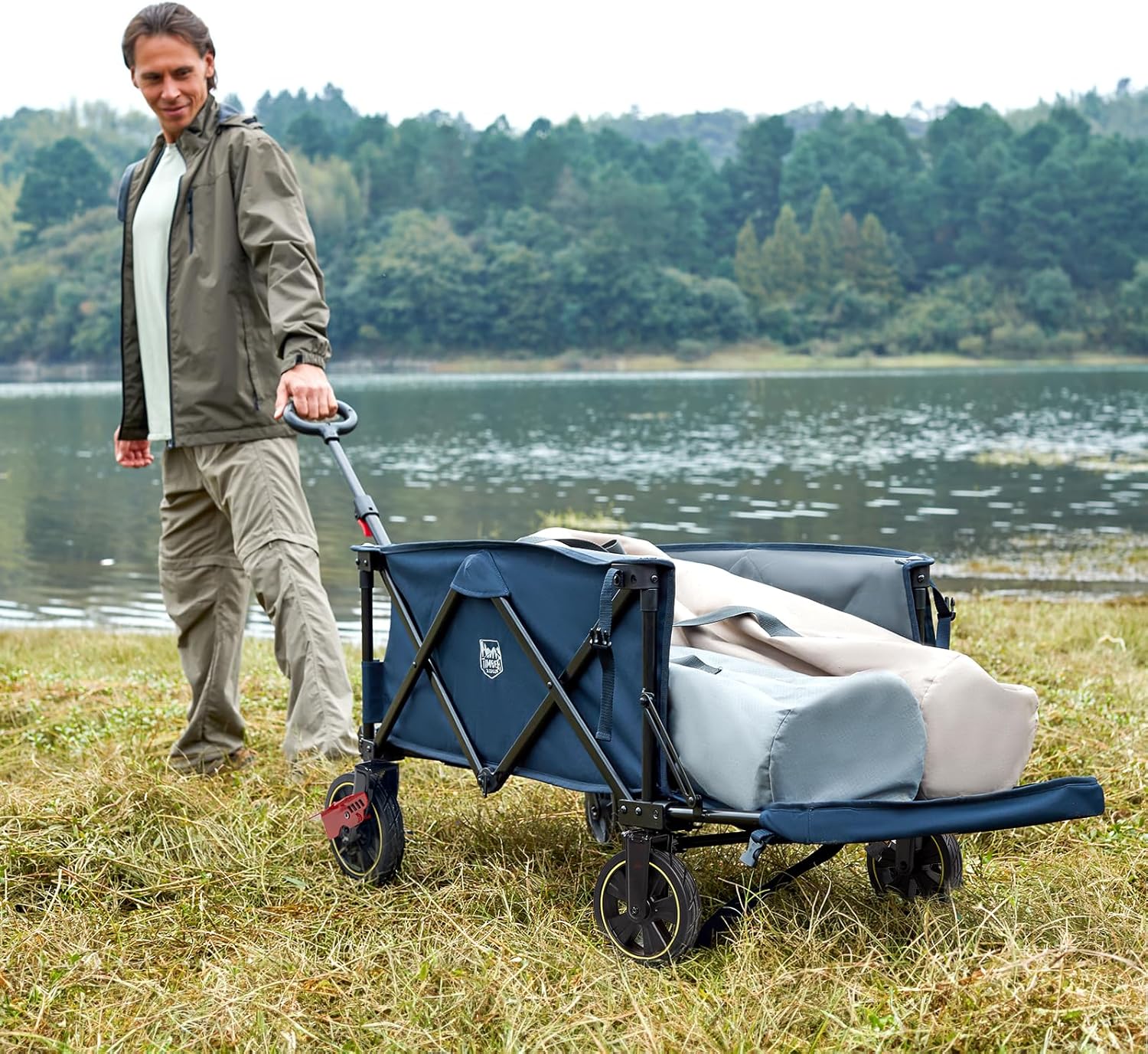 Timber Ridge 49" Extra Long Collapsible Folding Wagon with Tailgate and Brakes, 300lbs Heavy Duty Foldable Wagon with Adjustable Handle, 250L Capacity Portable Cart for Outdoor Camping Sports, Blue - Image 5
