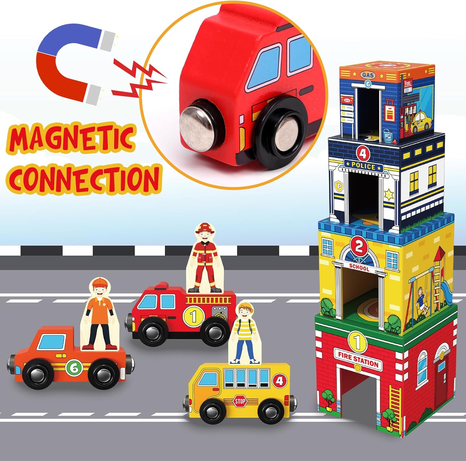 Atoylink Toddler Sorting and Stacking Toys with Magnetic Wooden Cars & Community Helpers, Baby Number Blocks Nesting Boxes Preschool Learning Montessori Toys for 1 2 3 Year Old Boys Girls Gift - Image 5