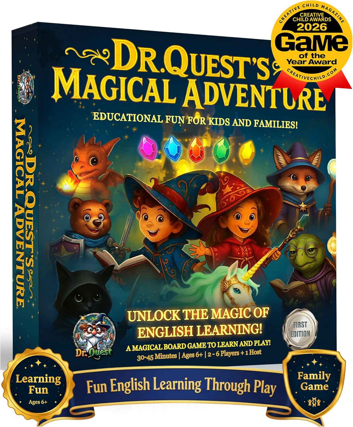 Dr. Quest's Magical Adventure–Educational Board Game for Kids Ages 6-9 – Spelling & Grammar Learning Game for Early Elementary | 180 Questions | Screen-Free Homeschool & Family Game | 2-6 Players