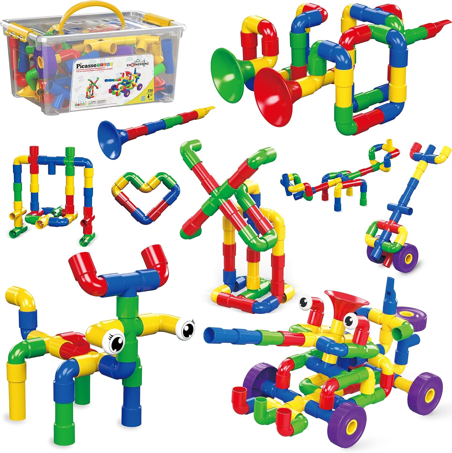 PicassoTiles PTT136 136pcs Tubular Pipes & Spout STEAM Interlocking Educational Building Block Set, Tube Locks, Pipeworks Construction Blocks w/Storage Container Box, Idea Book, Flute Musical Kit