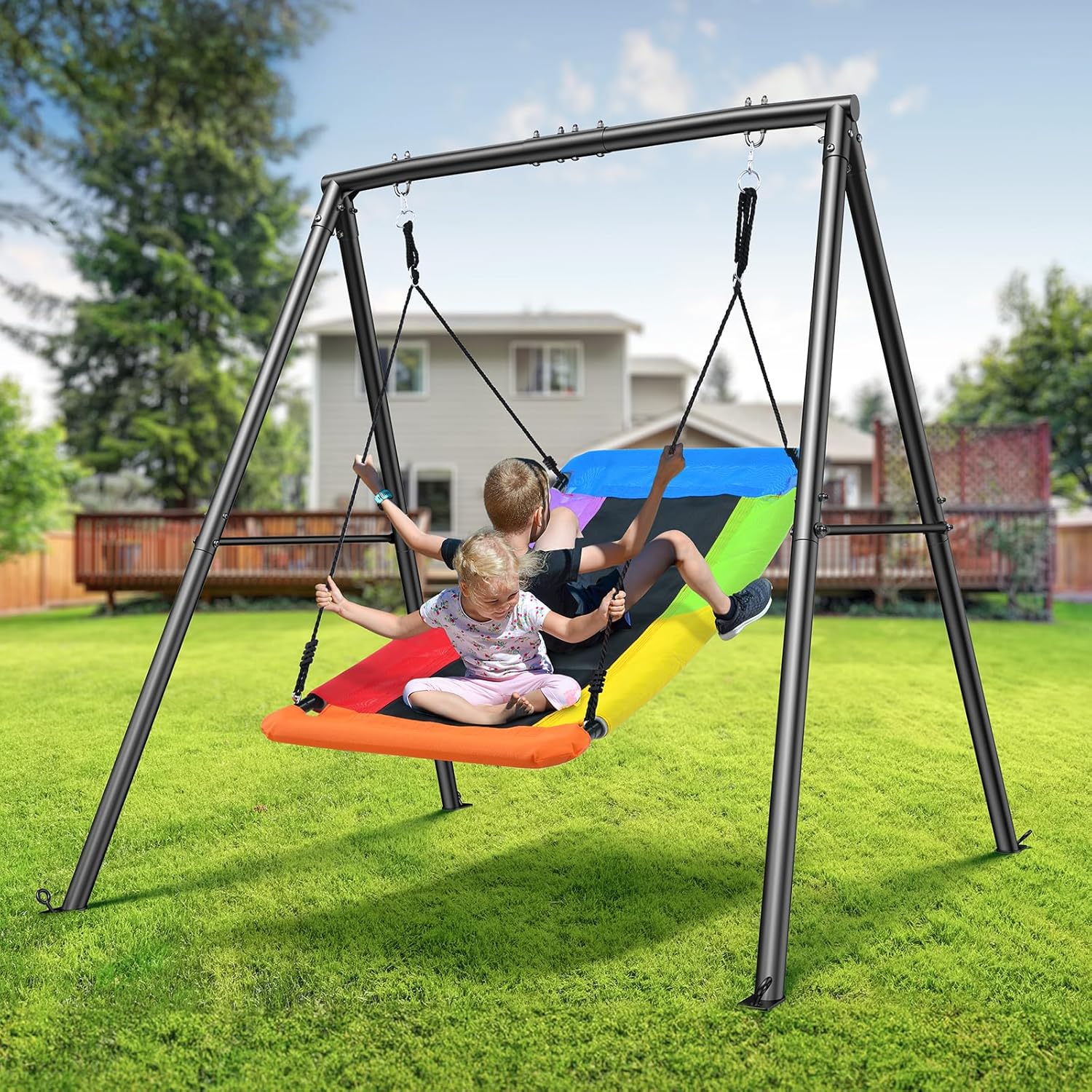 Trekassy Swing Sets for Backyard, 440lbs Heavy Duty A-Frame Metal Stand with 60" Large Platform Swing for Outdoor Playground Park (Black Frame + Rainbow Swing)(Patented) - Image 5