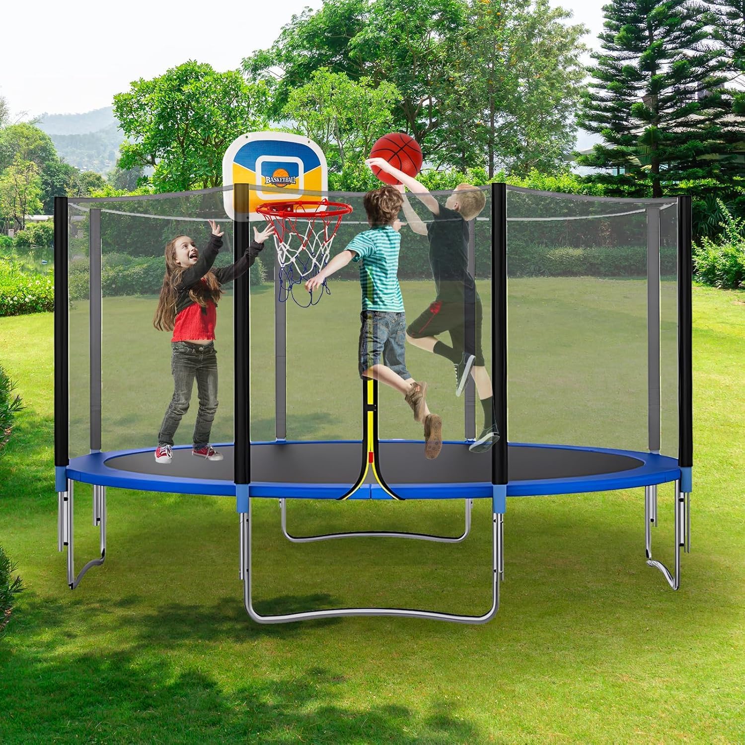 Trampoline Parts Trampoline Basketball Hoop, Teenager Basketball Hoop for Trampoline with Pump and 2 Mini Ball, Fit for Straight Pole (Blue Yellow 17inch) - Image 5