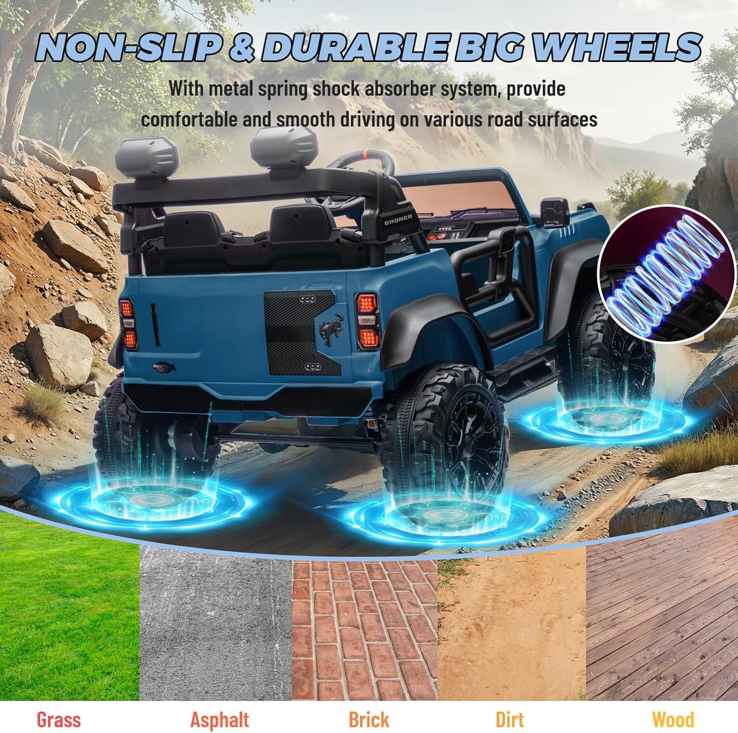 ENYOPRO 2 Seater Ride On Car for Kids, 24V Licensed Ford Bronco Raptor Electric Power Ride On Truck Toy with Remote Control, 4 Wheels Shock Absorption, Soft Start, Bluetooth, Radio, 3 Speed - Blue - Image 4