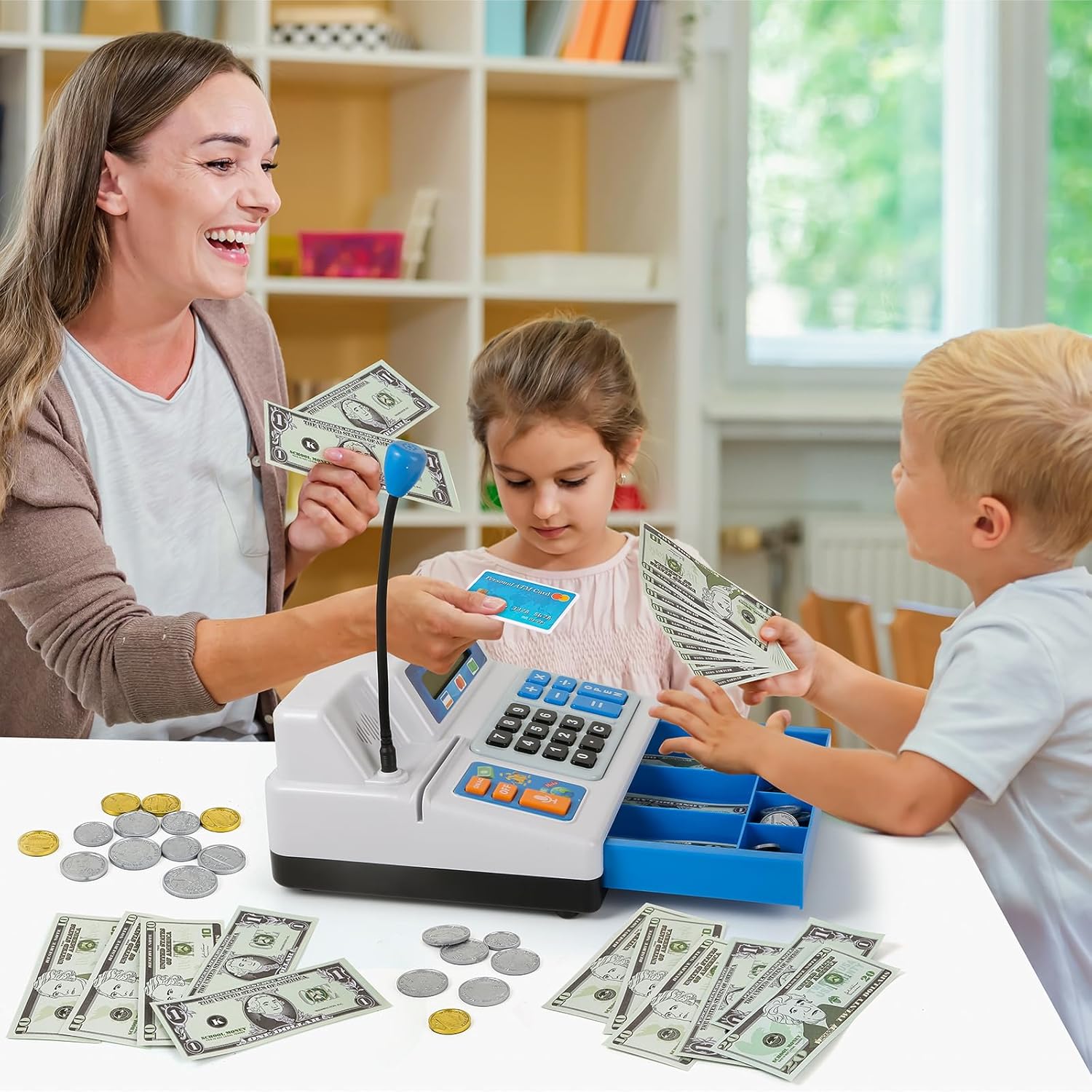 Bstoyder Calculator Cash Register Toy Gift for Kids Age 3, 4, 5, 6, 7, 8+ Year Old, 103 Pcs Grocery Store Playset with Microphone, Credit Card, Cash Register for Toddlers Kids 4-8 - Image 6