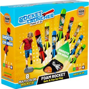 Otoseth Toys Rocket Launcher for Kids – Launch up to 100 Ft, 8 Multi-Color Foam Rockets & Adjustable Launch Stand, Kids Outdoor Toys, Age 3+