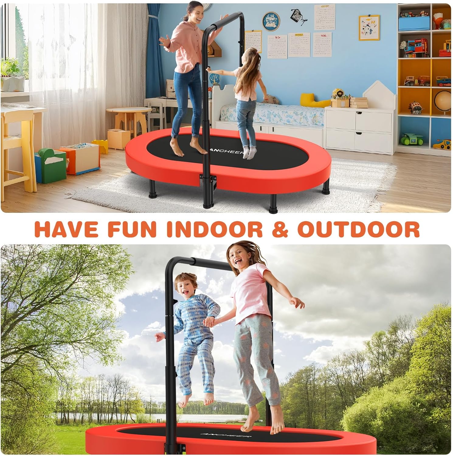 ANCHEER 56" Double Mini Trampoline for Kids, Mini Rebounder with 5-Level Adjustable Handle, Parent-Child Trampoline for Kids, Max Load 220lbs, Fun for Indoor/Outdoor - Image 7