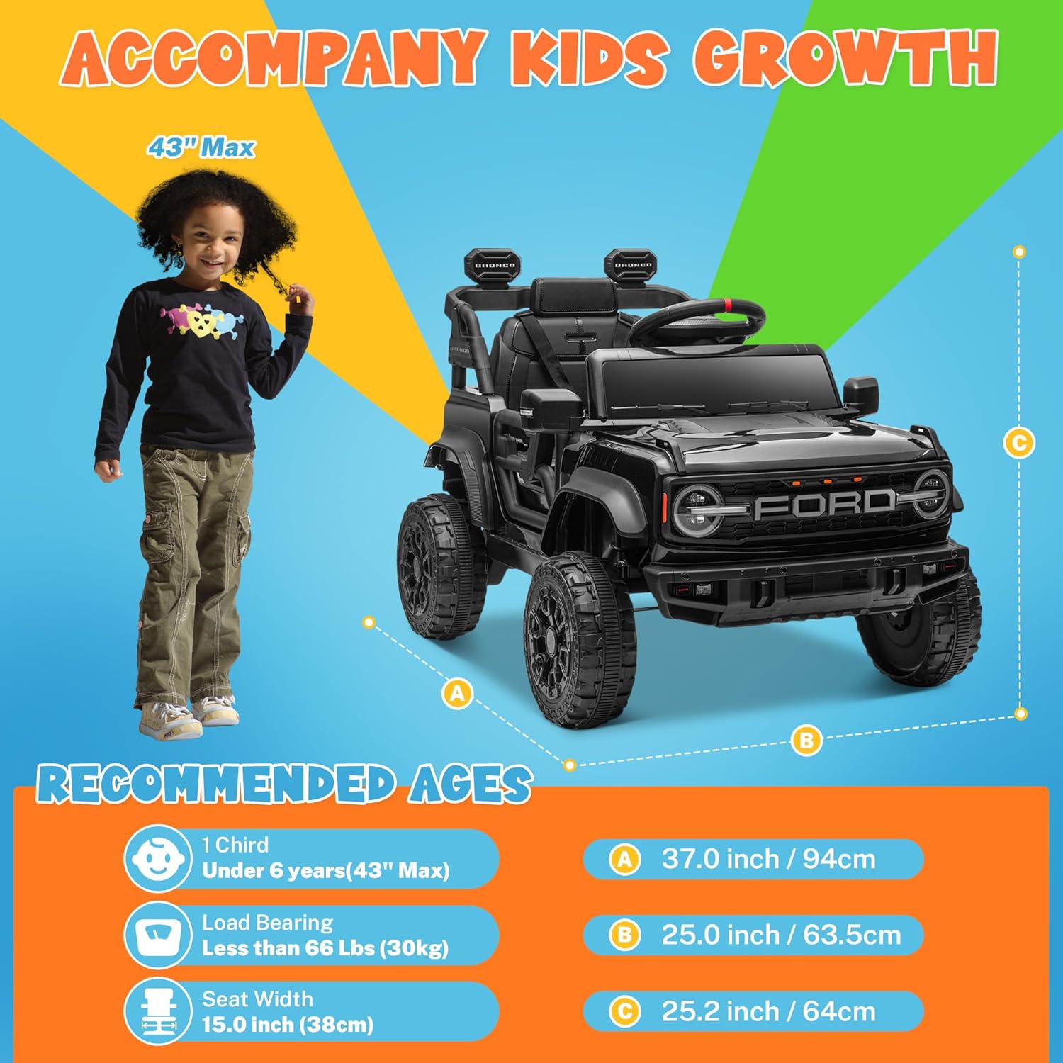ENYOPRO 12V Licensed Ford Bronco Raptor Ride on Car for Kids, Battery Powered Electric Car for Toddlers w/Remote Control, Spring Suspension, Seat Belt, Bluetooth, Horn, LED Lights, Radio (Black) - Image 6