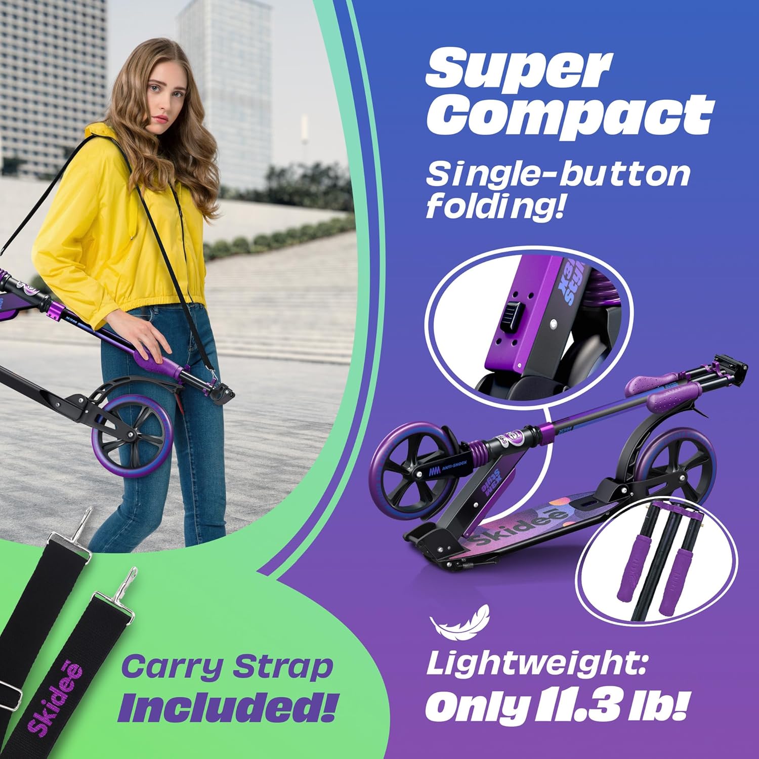 Skidee Adult & Teen Scooter Adjustable Height, Folding, Large Wheels, Lightweight, Durable, Anti-Shock Suspension, Up to 220 lbs - Image 4
