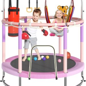 Trampoline for Kids, Upgrade Full Anti-Rust 440lbsToddler Trampoline with Net,Upgraded Ring Legs with Adjustable Gymnastics Bar&Toys, Gifts for Ages 1-8 Boys&Girls