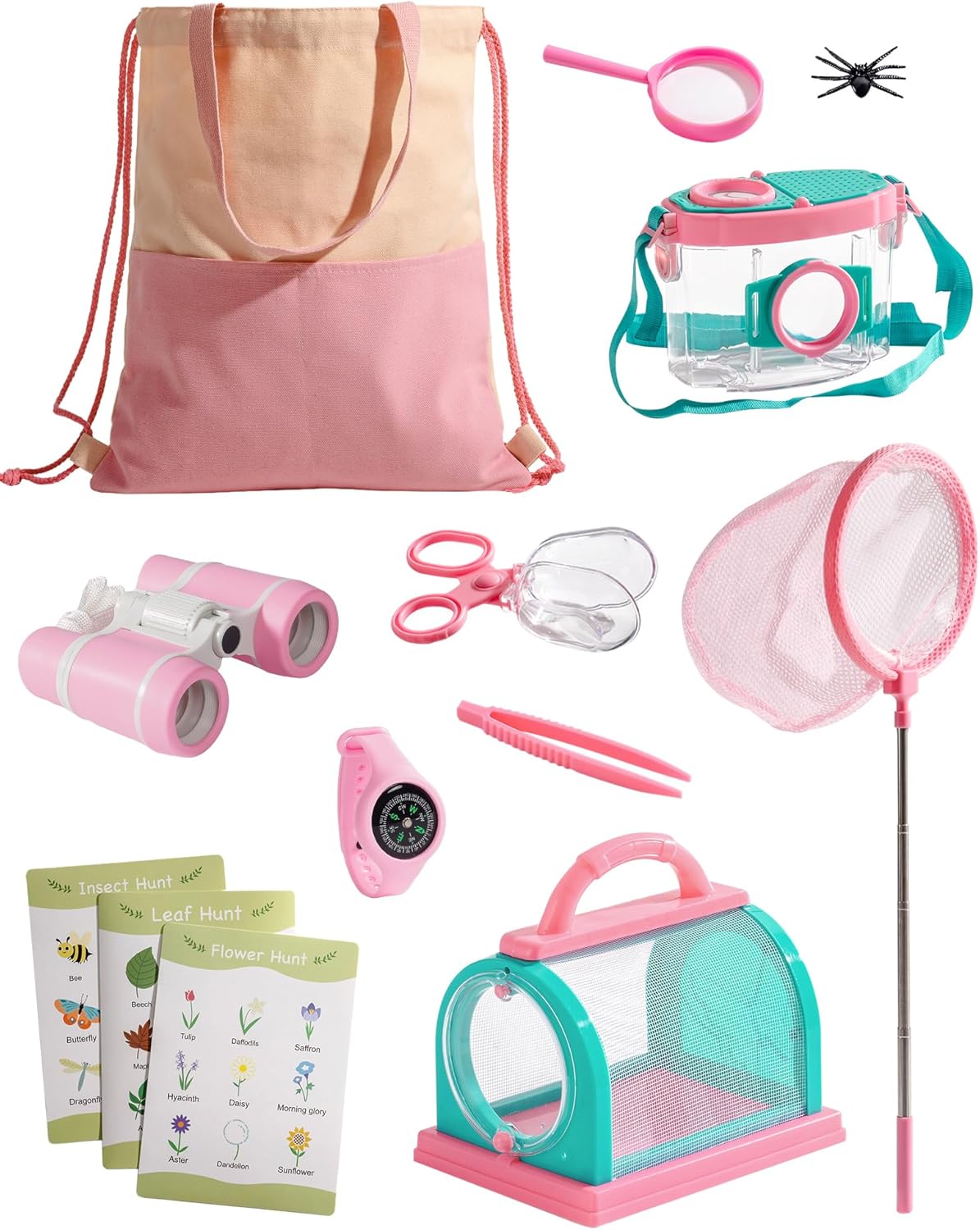ROBOTIME Bug Catcher Kit for Kids, 12Pcs Explorer Kit, Outdoor Adventure Set with Kids Binoculars, Butterfly Net, Insect Box, Magnifying Glass and Compass Watch for Toddlers 3-12 (Pink)