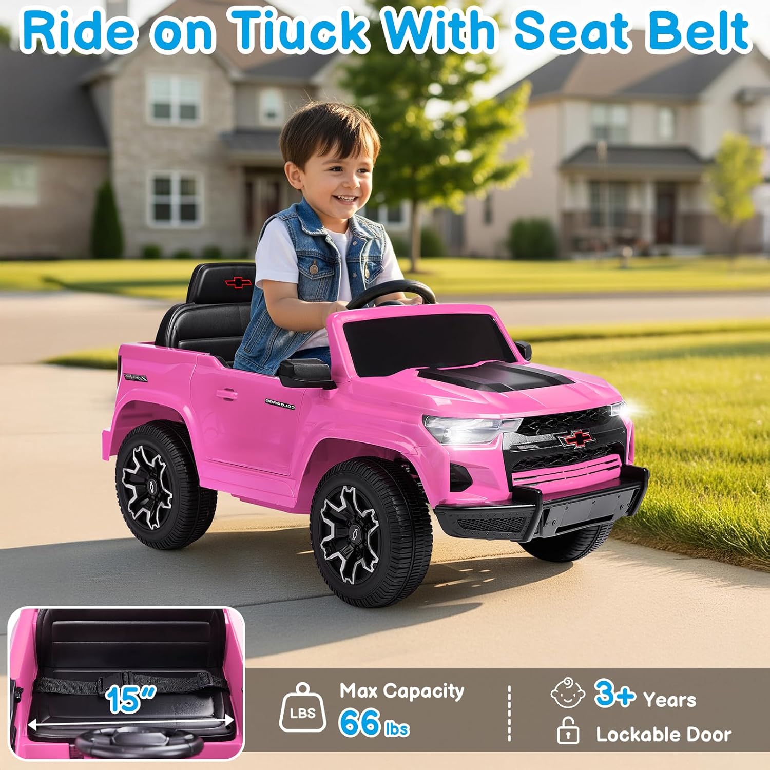 Winado Licensed Chevrolet Colorado Electric Car for Kids, 12V Ride on Toys for Toddlers with Remote Control, Battery Powered Electric Car Ride On Vehicle w/Bluetooth, Soft Start, LED Lights - Pink - Image 7