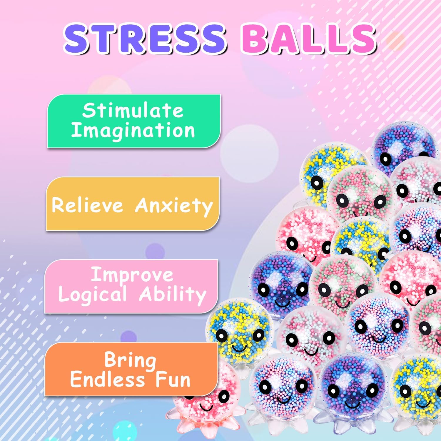 VESPRO 12 Pack Fidget Stress Balls for Adults, Cute Octopus Stress Relief Sensory Stress Ball, Bulk Squishy Squeeze Ball Toys Set for Classroom Prizes and Birthday Party Favors - Image 3