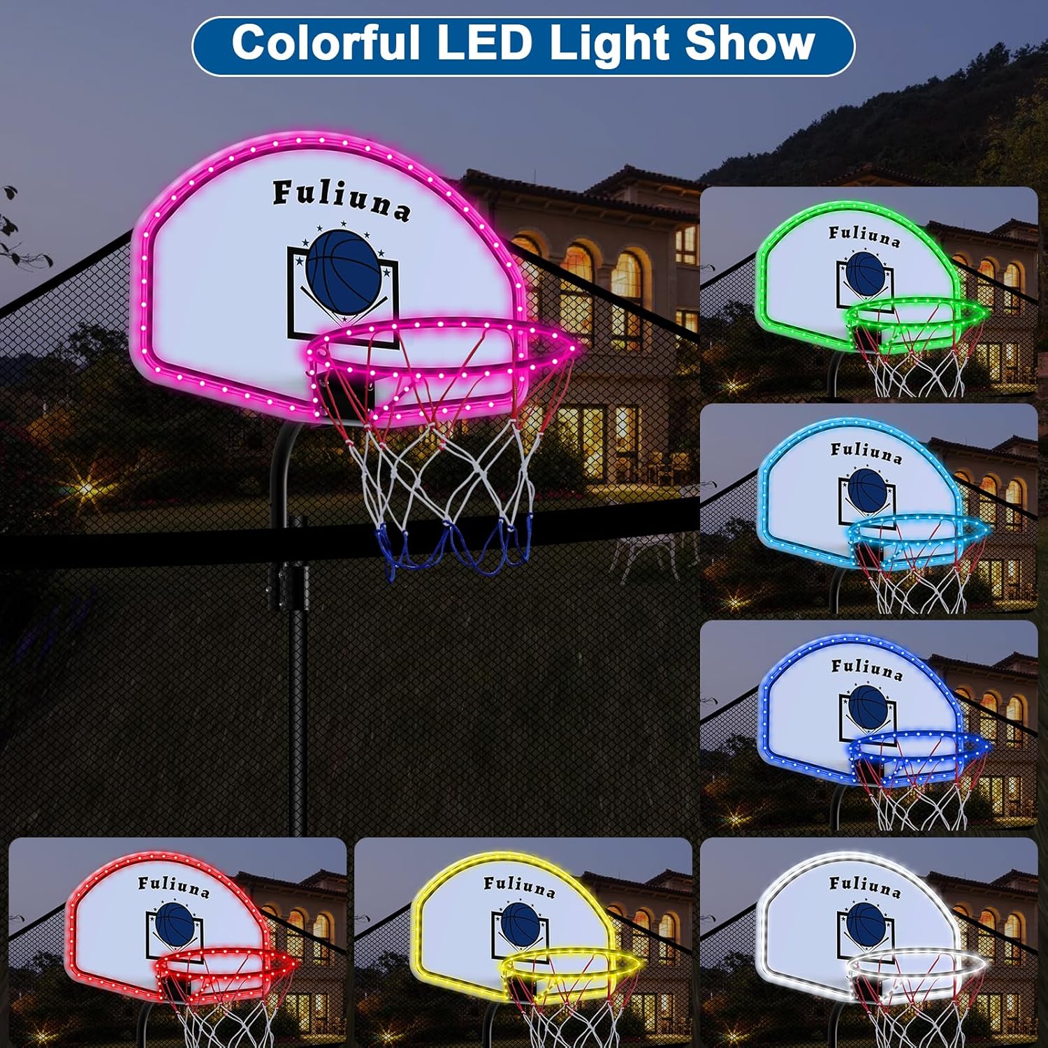 Trampoline Basketball Hoop with Solar Lights, Basketball Hoop for Trampoline Fits Diameter 25mm - 32mm Straight & Curved Pole,Universal Trampoline Basketball Hoop Attachment with Ball and Pump - Image 3