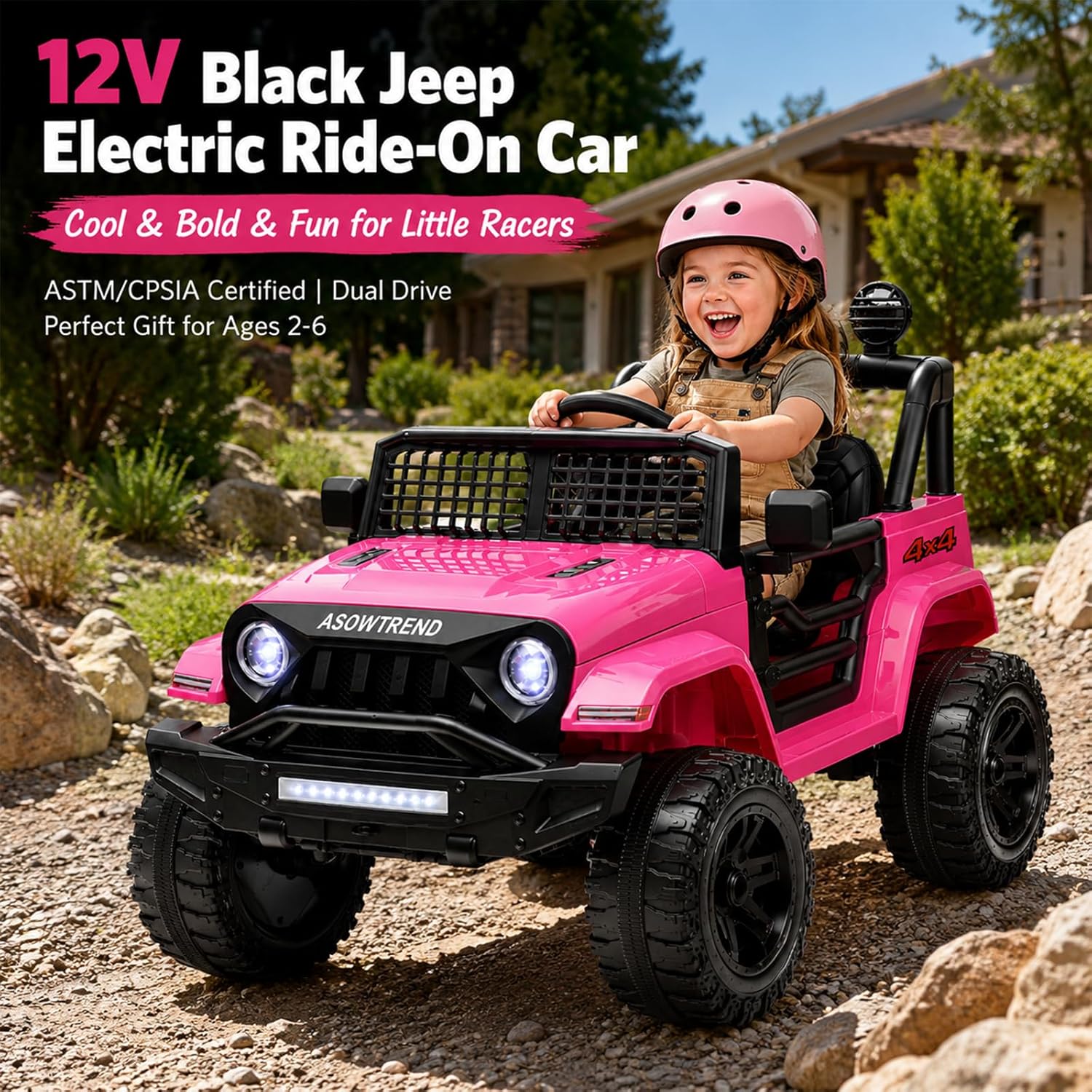 12V Jeep Style Pink Kids Ride On Car, Dual 35W Motor Electric Vehicle with Parent Remote Control, 2-Seater Suspension Toy Car, Bluetooth LED Light, Birthday Gift for 3-5 Year Girls - Image 3
