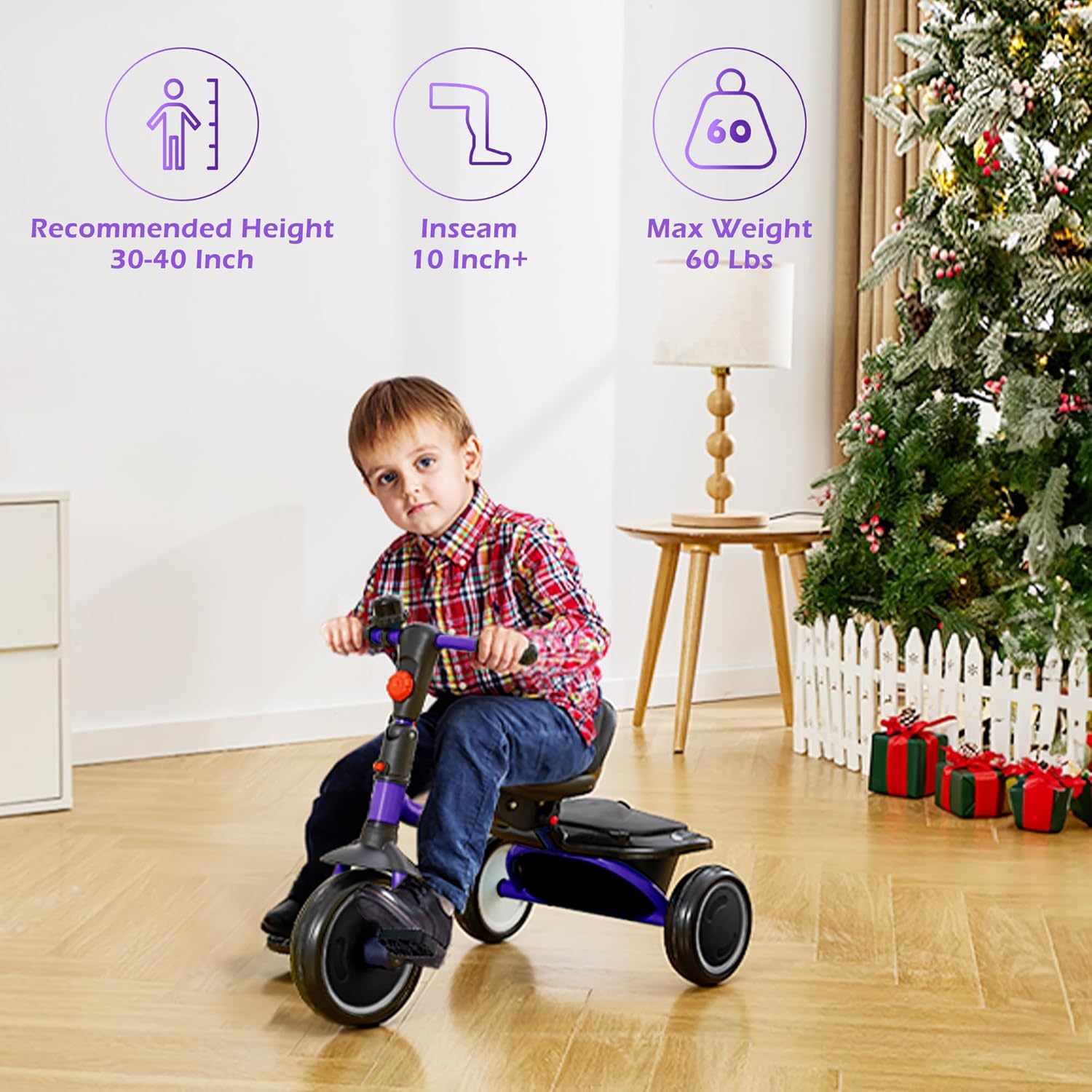 Toddler Tricycle, Kids Tricycle with Bell, Foldable Kids Trike for Age 18 Months to 5 Years, Baby Trike with Adjustable Seat, Gift for Boys and Girls, Purple - Image 7