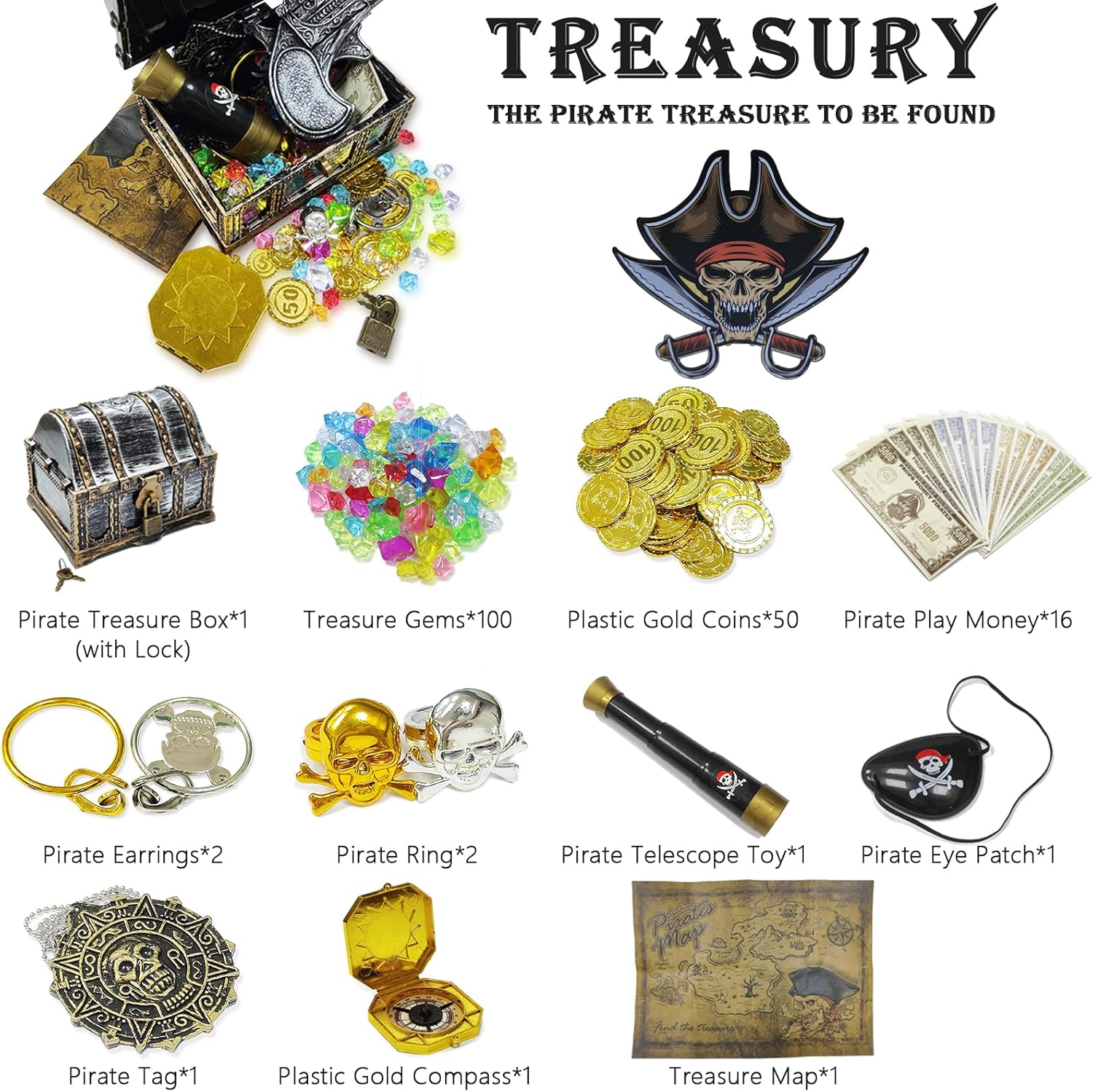 177 Pieces Kids Pirate Treasure Chest Treasure Hunt Kit Lockable Vintage Treasure Chest Toy Set Gold Plastic Compass Pirate Map for Halloween Themed Cosplay Party Favors - Image 2