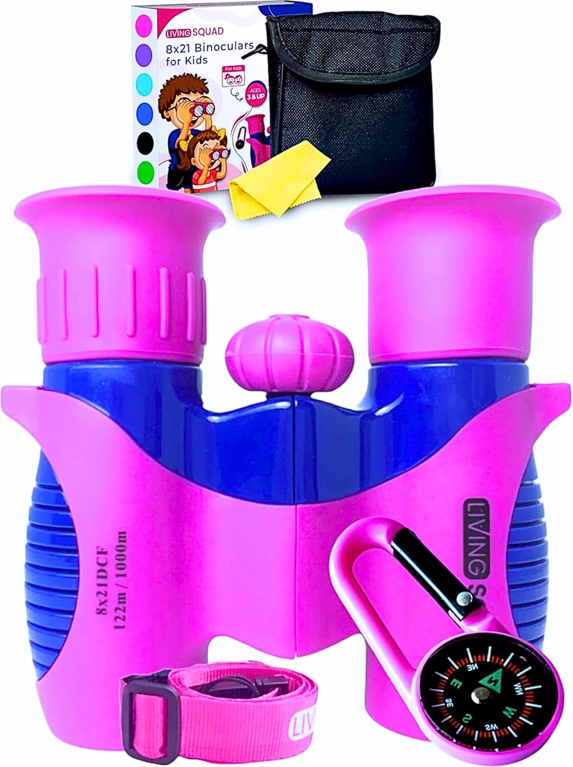 Kids Binoculars Pink 8x21 Shockproof Ages 3–12 with Case, Neck Strap, Compass & Carabiner | High Resolution Optics for Birdwatching, Hiking & Spy Play for Girls