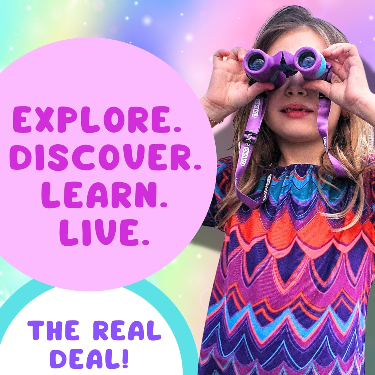 Kids Binoculars Pink 8x21 Shockproof Ages 3–12 with Case, Neck Strap, Compass & Carabiner | High Resolution Optics for Birdwatching, Hiking & Spy Play for Girls - Image 2