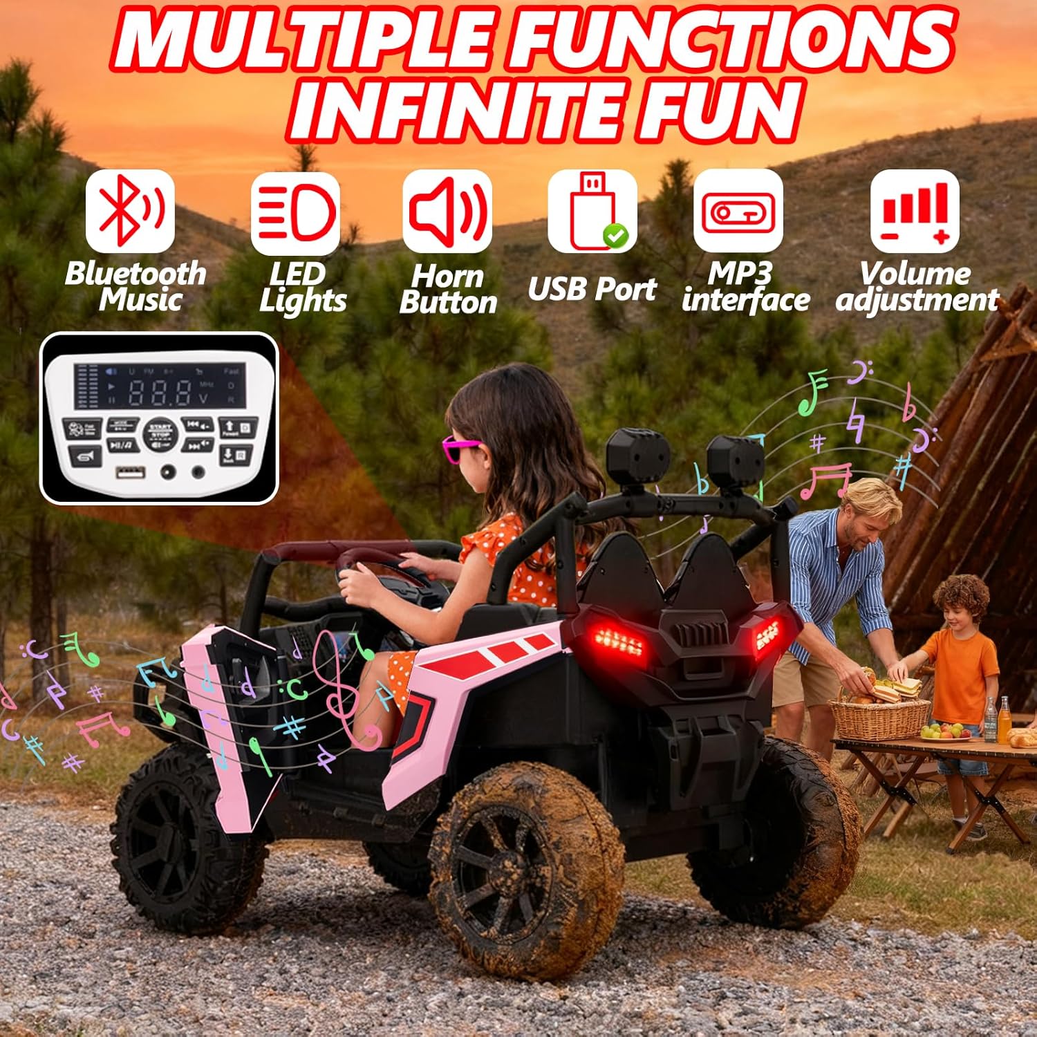 24V XL 2 Seater Ride on Car Truck, BLISSRIDE 4x200W Kids UTV w/20 Spacious Seat, 4WD/2WD, 7Ah Large Battery, Remote Control, Bluetooth, LED Lights, 24V Ride on Toys for Big Kids Boys Girls, Pink - Image 4