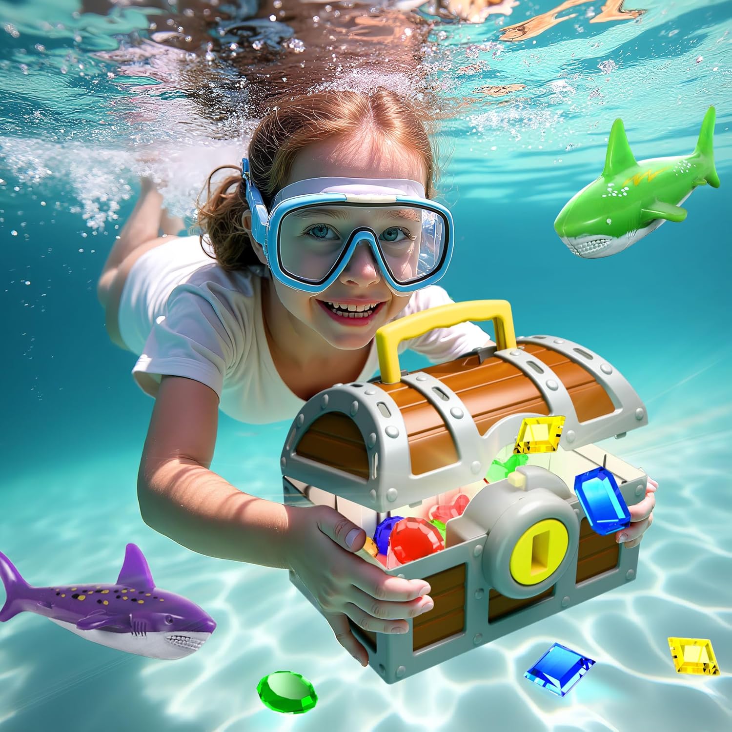 Funscape Kids Diving Pool Toy, Large Treasure Chest Water Dive Game W/Keys Gems Fish, Toddler Outdoor Swimming Treasure Box Playset, Fun Summer Swim Party Gifts 3 4 5 6 7 8 10 12 Year Old Boy Girl - Image 5