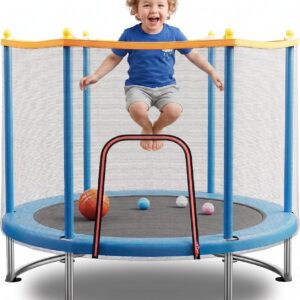 Kids Trampoline with Safety Net – 440lbs Capacity, Upgraded Rust-Proof Ring Legs, Adjustable Gymnastics Bar & Toys – Indoor Outdoor Toddler Trampoline for Boys & Girls Ages 1-8