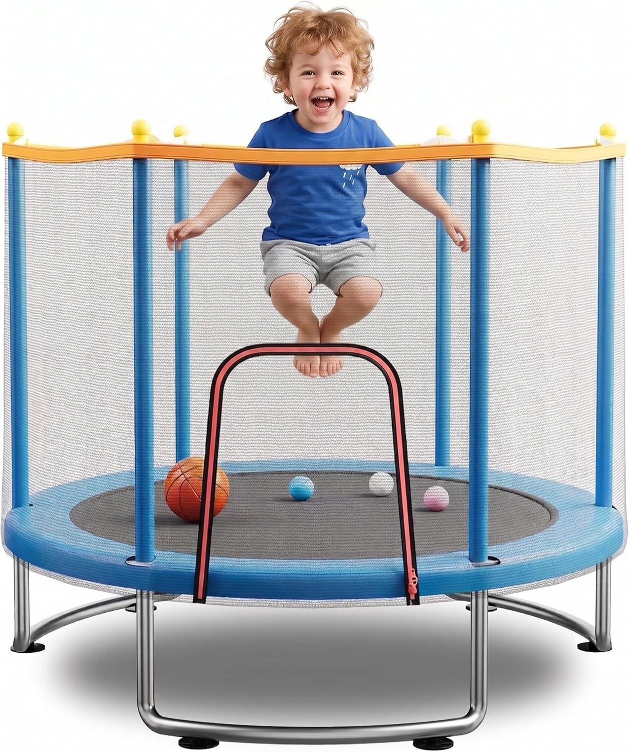 Kids Trampoline with Safety Net – 440lbs Capacity, Upgraded Rust-Proof Ring Legs, Adjustable Gymnastics Bar & Toys – Indoor Outdoor Toddler Trampoline for Boys & Girls Ages 1-8
