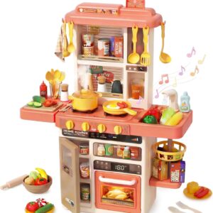 Kids Kitchen Play Set，Interactive Kids Kitchen Play Set with 50Pcs of Pretend Kitchen Toys，Realistic Sound Effects，and Simulated Functionality – Suitable for Toddlers Aged 3-5 Years(Pink)