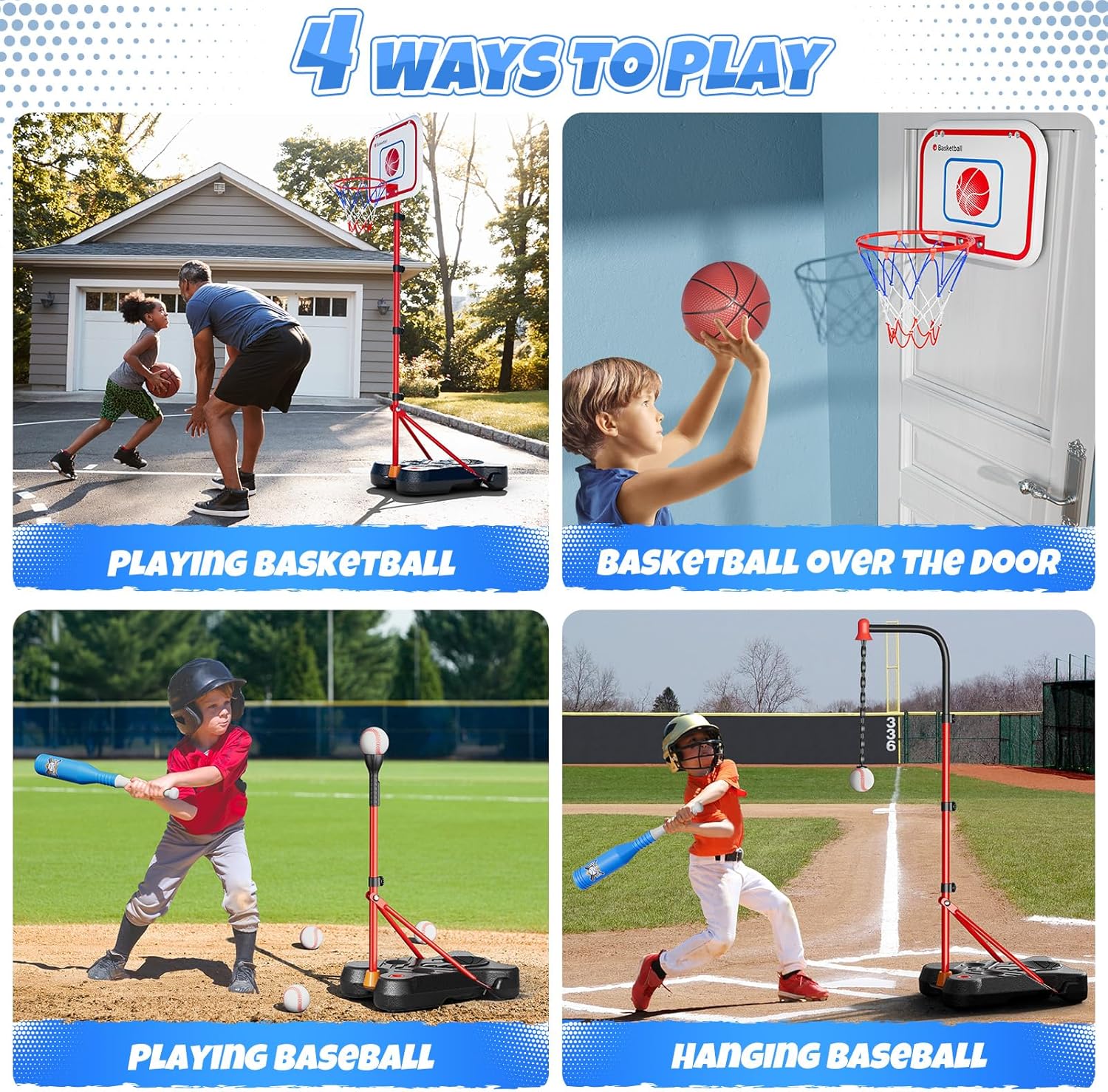 HopeRock 2 in 1 Kids Basketball Hoop and T Ball Set, Adjustable Basket Ball Stand,Hanging Tee Baseball for Toddlers Boys Girls Ages 2 3 4 5 6 7 8 Years Old, Outdoor Toys Gifts - Image 2