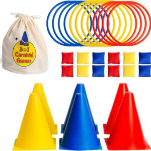 Ring Toss Game, Obstacle Course for Kids 3-5 & Birthday Party Games, Carnival Bean Bags for Tossing Gross Motor Toys for Toddlers 3-5, 12 Rings & 12 Bean Bags, 6 Cones for Kids, PE Equipment