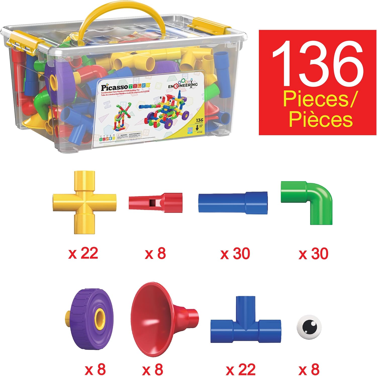 PicassoTiles PTT136 136pcs Tubular Pipes & Spout STEAM Interlocking Educational Building Block Set, Tube Locks, Pipeworks Construction Blocks w/Storage Container Box, Idea Book, Flute Musical Kit - Image 3