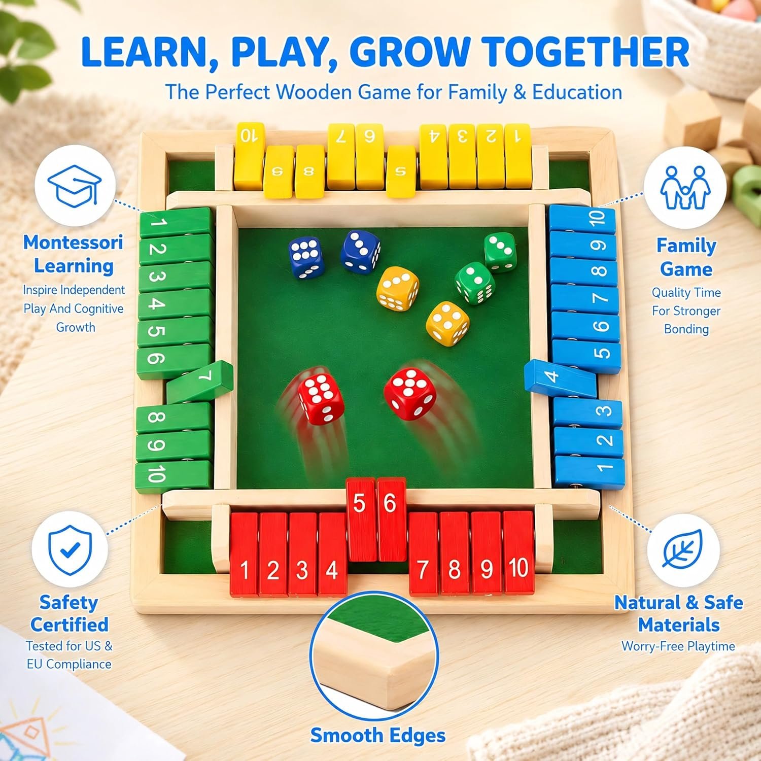 Shut The Box Game, Wooden Number Flip Board Dice Tabletop Toys for 2-4 Player, Math Educational Learning Tools for Kids and Adults, Classic Pub Family Game Night Party Activity, Camping - Image 4