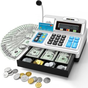 Calculator Cash Register Toy Gift for Kids Age 3, 4, 5, 6, 7, 8+ Year Old, 103 Pcs Pretend Grocery Store Playset with Toy Cash, Microphone, Credit Card, Play Cash Register for Toddlers 4-8, Silvery
