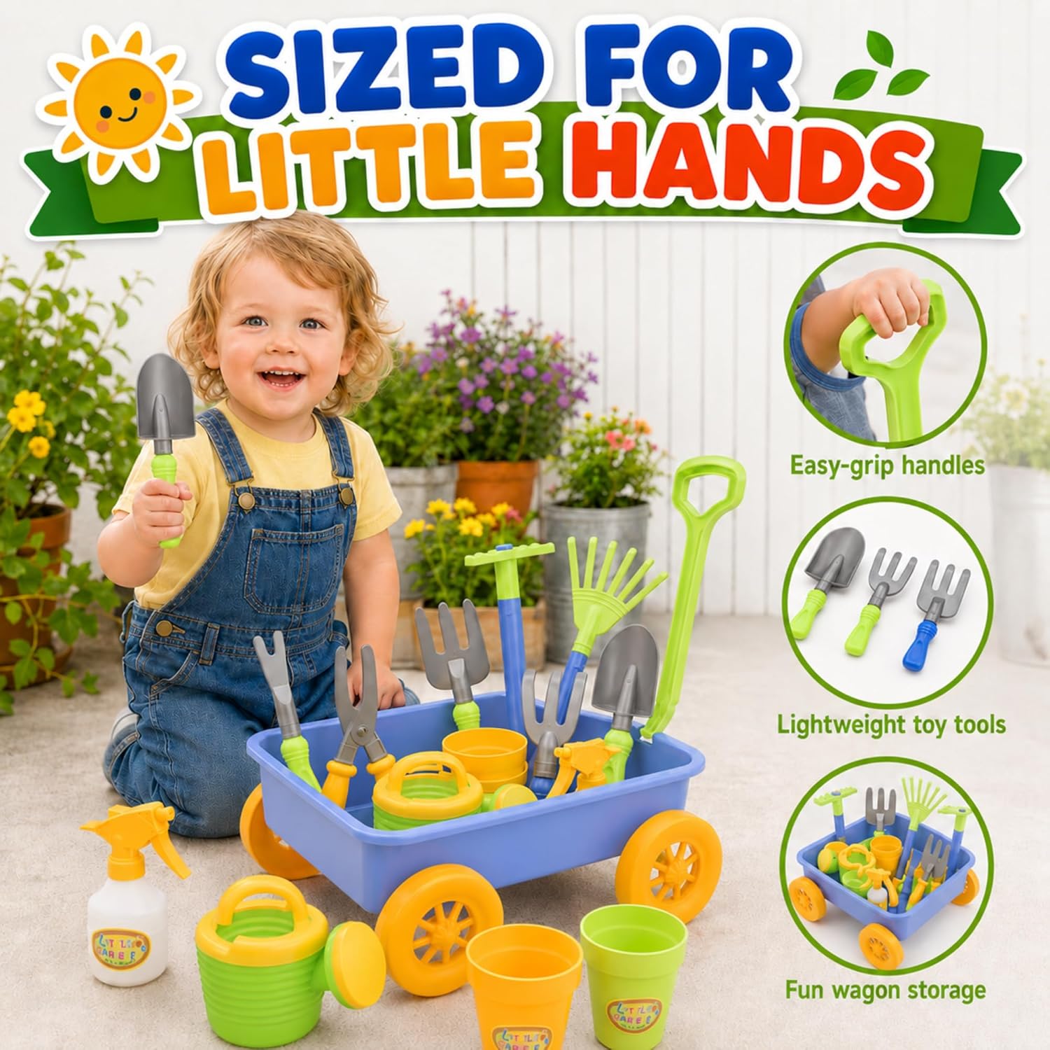 Liberty Imports Pull Along Garden Wagon and Gardening Tools Toy Play Set for Toddlers, Kids with Outdoor Tools, Plant Pots, Accessories - Image 6
