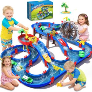 TERRAMUS 2-Tier Kids Watermill Water Table Toys, 124PCS Water Park Playset with Pump, Waterwheel, Summer Outdoor Water Toys Waterways for Backyard,Lawn,Beach,Pool,Gifts for Boys Girls Toddlers 3-5 4-8