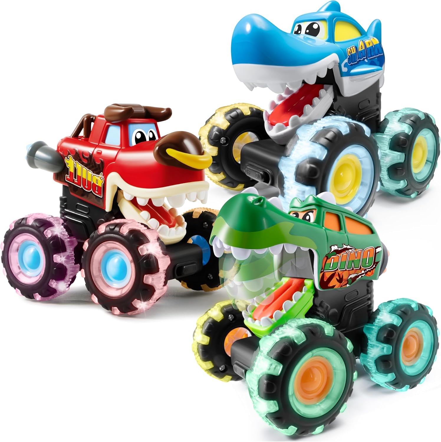 JOYIN 3 Pack Monster Truck Toy - Motion Activated Light Up Cars for Toddlers - Monster Glow Rover LED Wheels - Baby Boy Toys - Press and Go Dinosaur Trucks for Kids Boy Birthday Gifts - Image 8