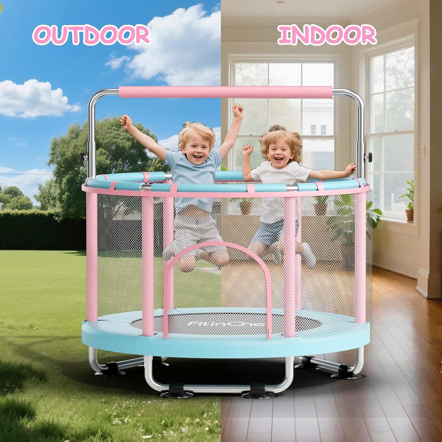55" Toddler Mini Trampoline for Kids, Indoor Outdoor Toys with Swing, 440lbs Baby Kids Trampoline, Gymnastics Bar, Birthday Gifts for Boy Girl Age 1-8 - Image 2