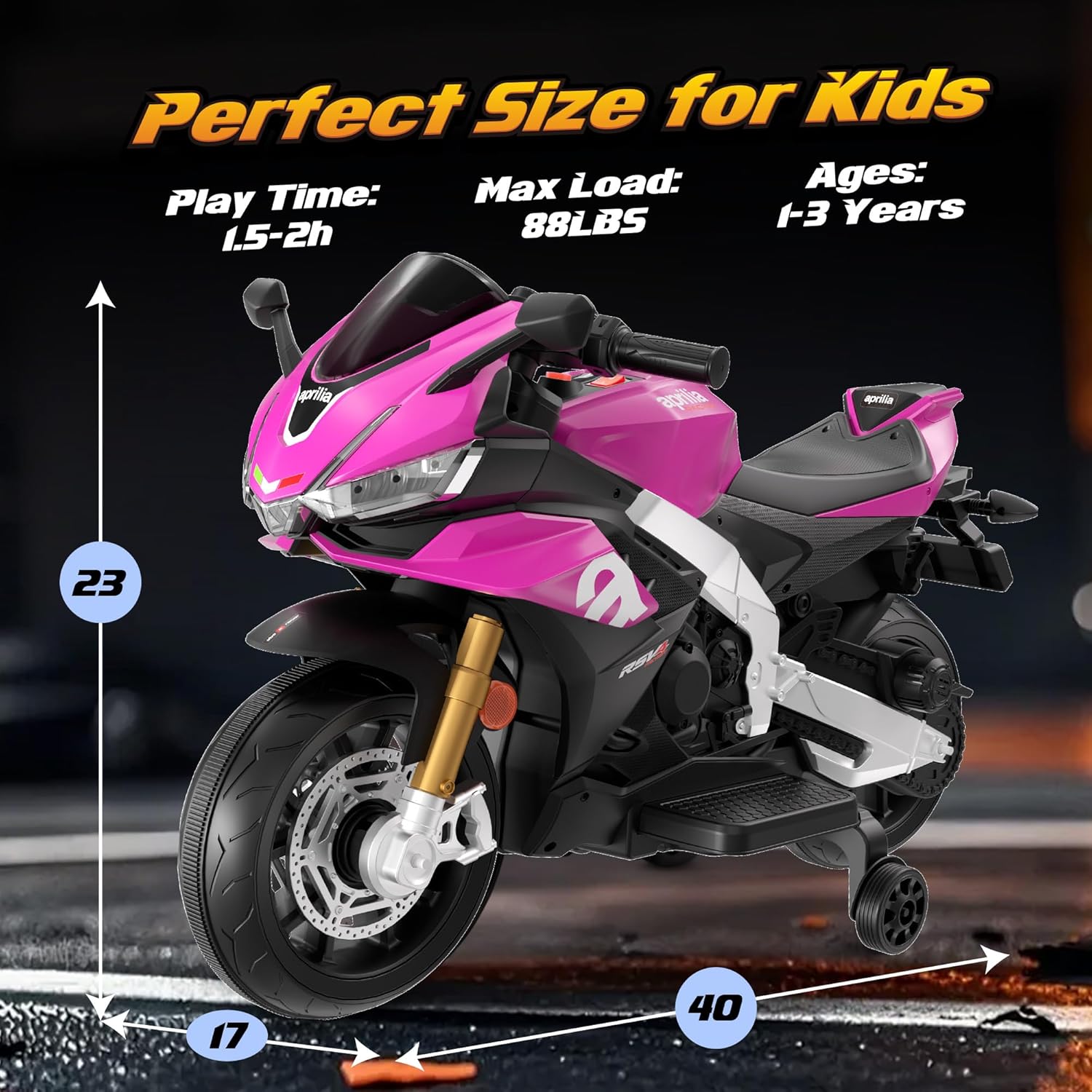 Kids Motorcycle, 12V Licensed Aprilia RSV4 Electric Motorcycle for Kids, Training Wheels, LED Headlight, Music, Battery Powered Ride on Motorcycle for Toddler Boys Girls Pink - Image 2