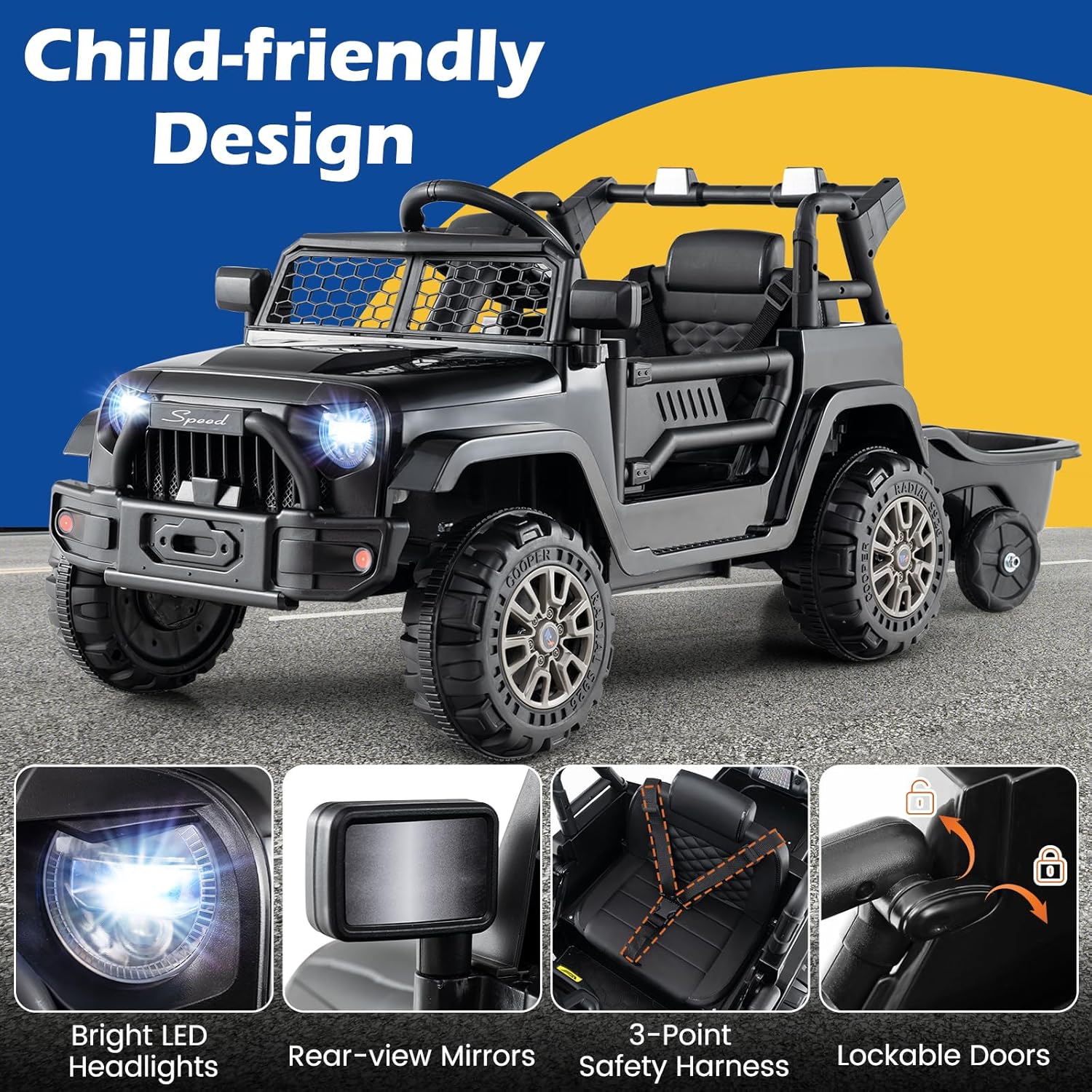 Costzon Ride on Car with Detachable Trailer, 12V Battery Powered Ride on Truck with Parent Remote Control, Light & Music, Electric Vehicle Kids Car Toy for Boys & Girls (Black) - Image 9