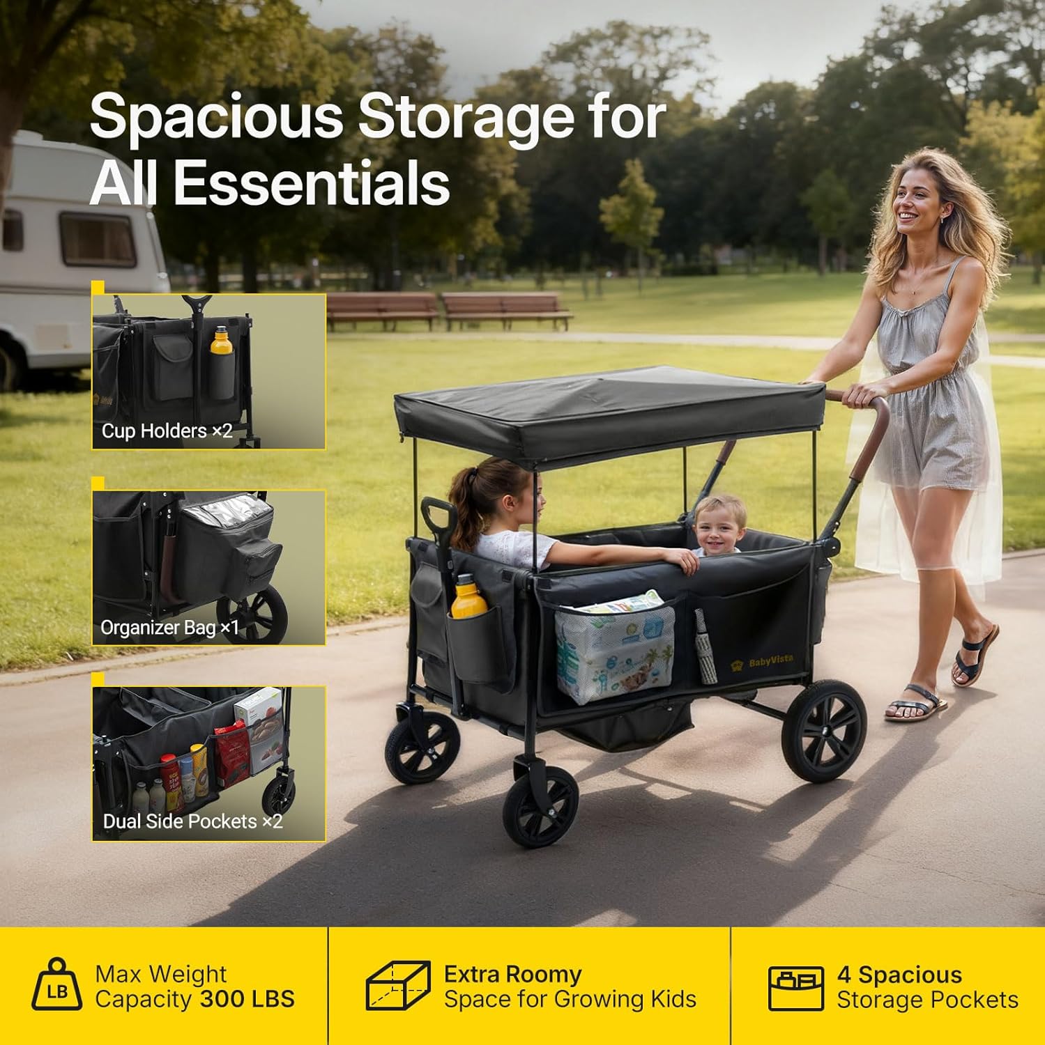 Stroller Wagon for Kids, One-Hand Adjustable Push/Pull Handle, Spacious Storage, 8"/12" All-Terrain Wheels, Canopy with Bug Net, Wagon Stroller for Daily Walks, Short Trips & Grocery Runs - Image 2