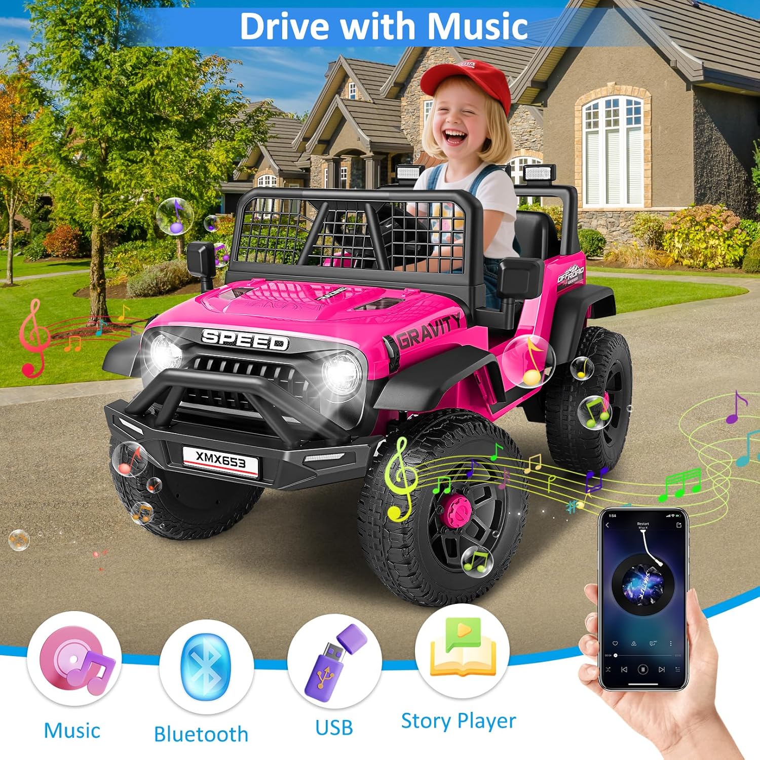 Hikole 24V Ride On Toys for Big Kids, 24V Power Wheels Truck with Remote Control, 3 Speed, Bluetooth, Music, Soft Start, Spring Suspension, LED Light, Electric Cars for Kids Boys Girls 3-5, Pink - Image 3
