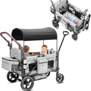 Rovique Wagon Stroller for 2 Kids,Premium Wagon for Kids with Removable Canopy, Snack Tray, Convertible Baby Bassinet, 5-Point Safety Harness, All-Terrain PU Wheels & Adjustable Push/Pull Handle,Grey